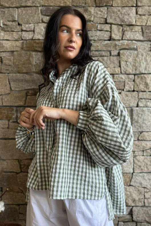 Ginny Gingham Balloon Sleeve Blouse Khaki
